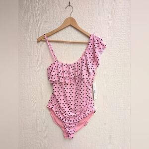 NWT Tahari One Piece Swimsuit Pink Black Polka Dot Ruffle Removable Strap XL